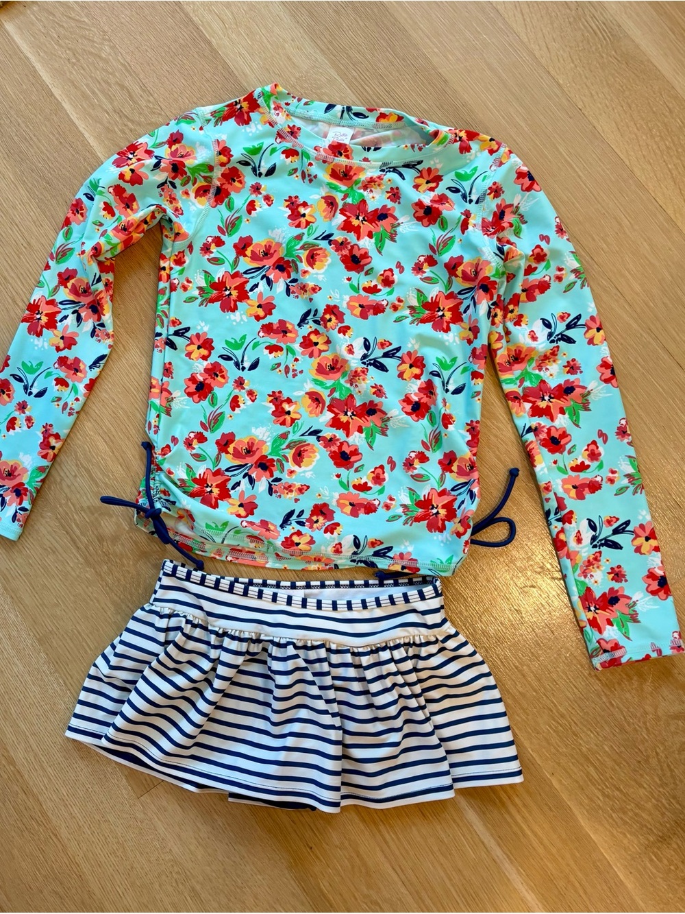 Kids Floral Long-Sleeve Rash Guard Swim Top and Striped Swim Skirt - Aqua Floral